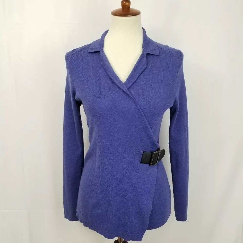 Nic + Zoe purple blue wrap belted sweater v neck collar
